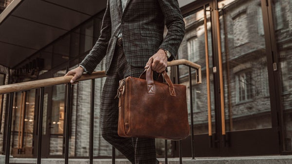 essential modern leather laptop bag brown